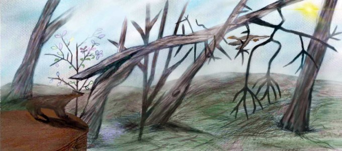 My illustration of a landscape scene I witnessed at stegna, Poland. This one includes duck and bear. It is in color.