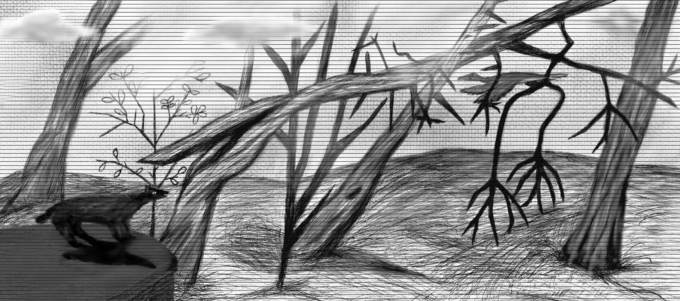 My illustration of a landscape scene I witnessed at stegna, Poland. This one includes shadow fix and duck and bear. It is monochrome.