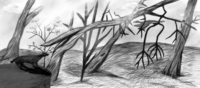 My illustration of a landscape scene I witnessed at stegna, Poland. This one includes pastel duck and bear I drew previously and is in monochrome. It has a unique look with various clouds.